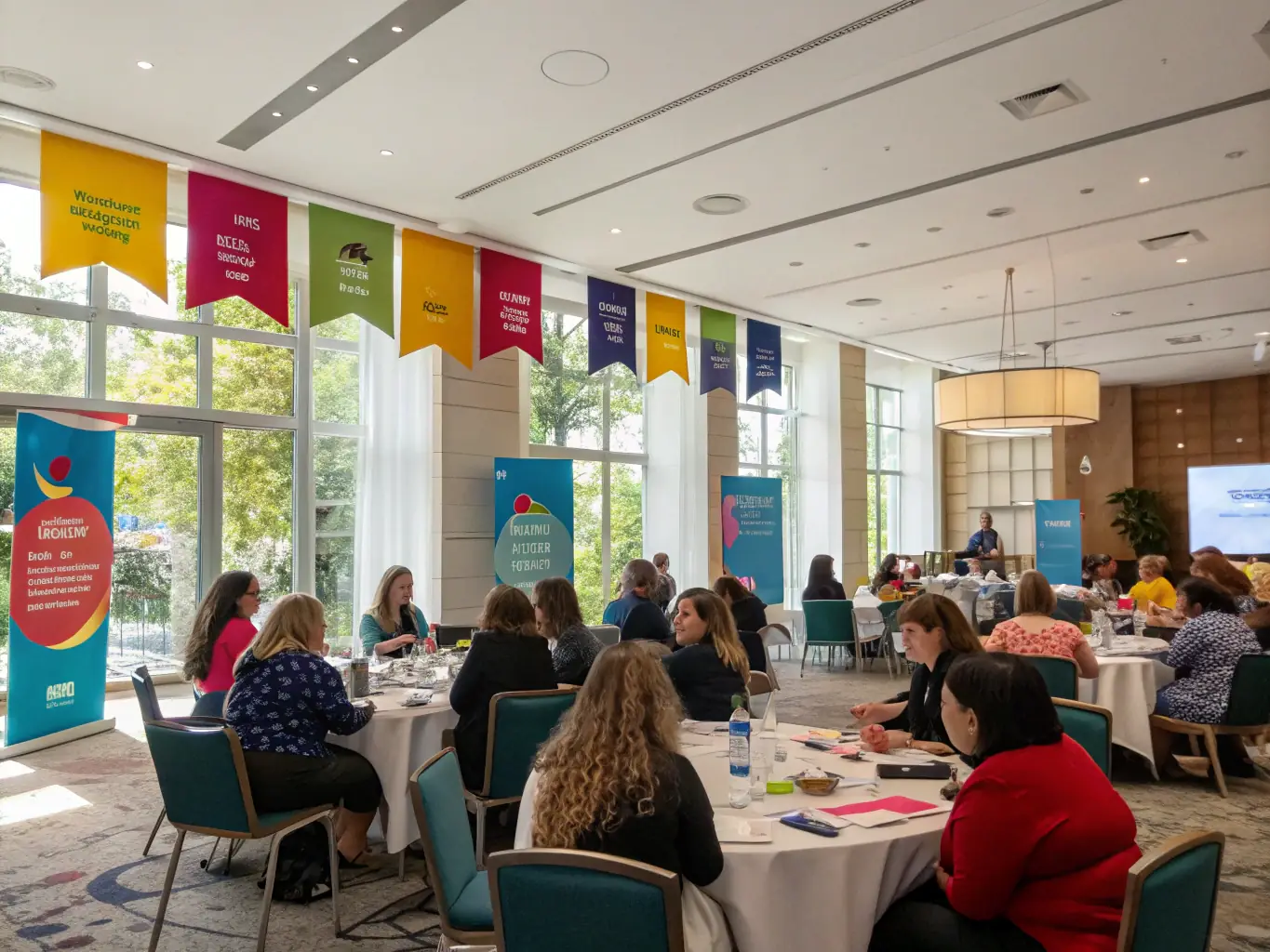 A photograph capturing the energy of a fashion conference, with attendees networking and engaging in discussions around a central display showcasing innovative designs.