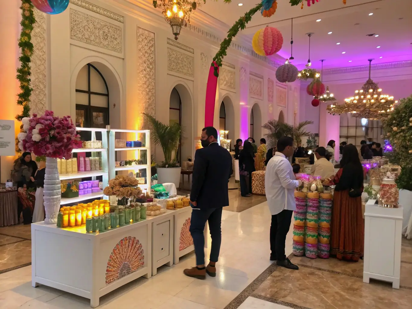 A photograph showcasing a fashion exhibition at a conference, with attendees admiring innovative designs and interacting with exhibitors.