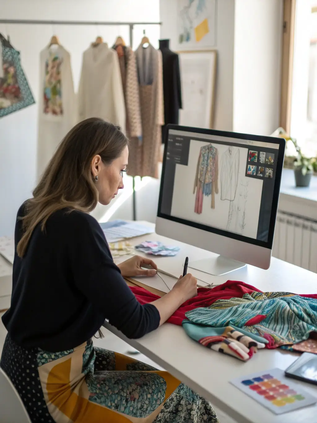 A workshop setting where participants are actively engaged in a hands-on activity, such as designing or creating fashion pieces using innovative techniques.