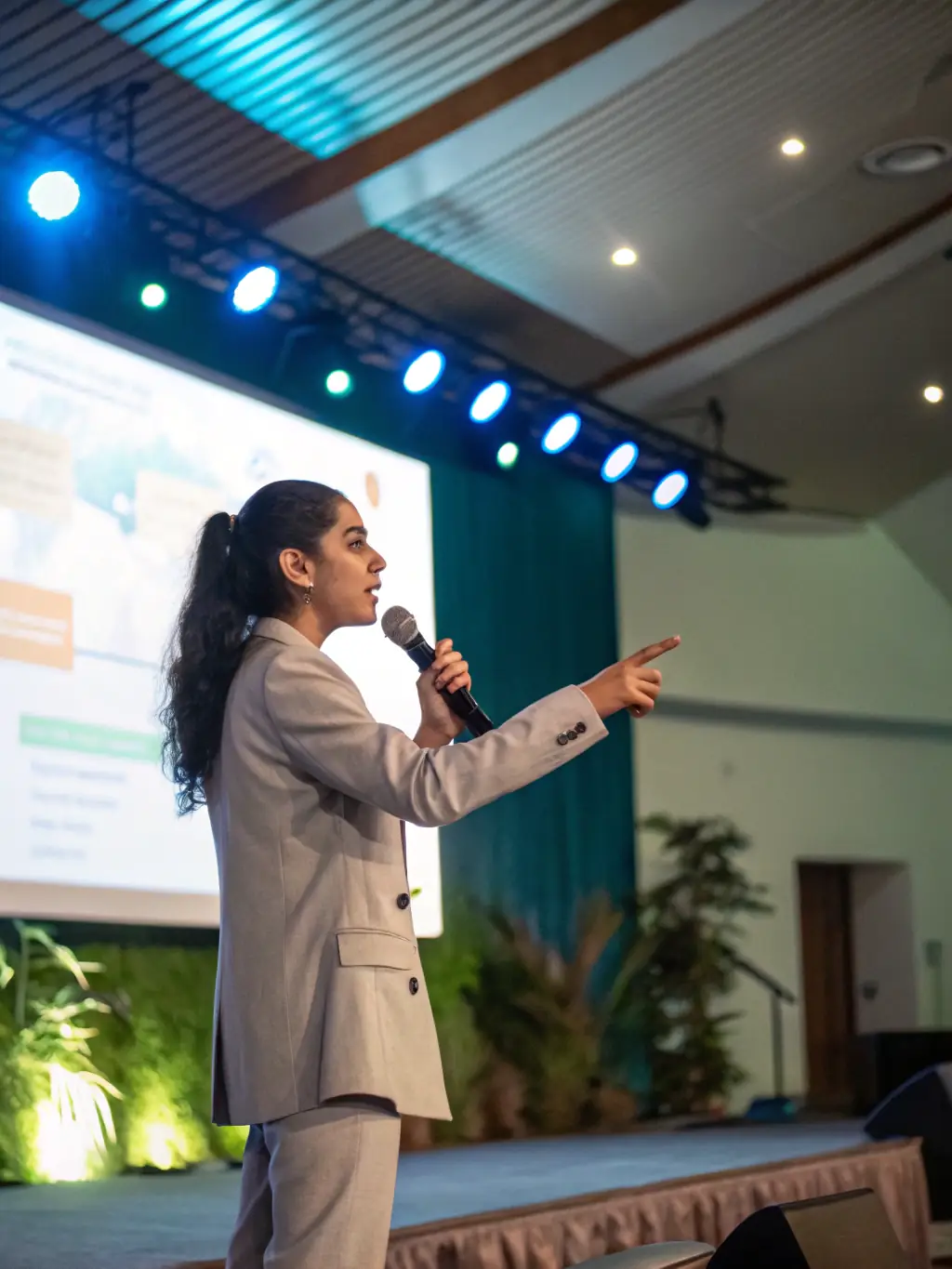 A photograph of a keynote speaker passionately addressing a large audience at a fashion conference, with a focus on their engaging stage presence and the attentive crowd.